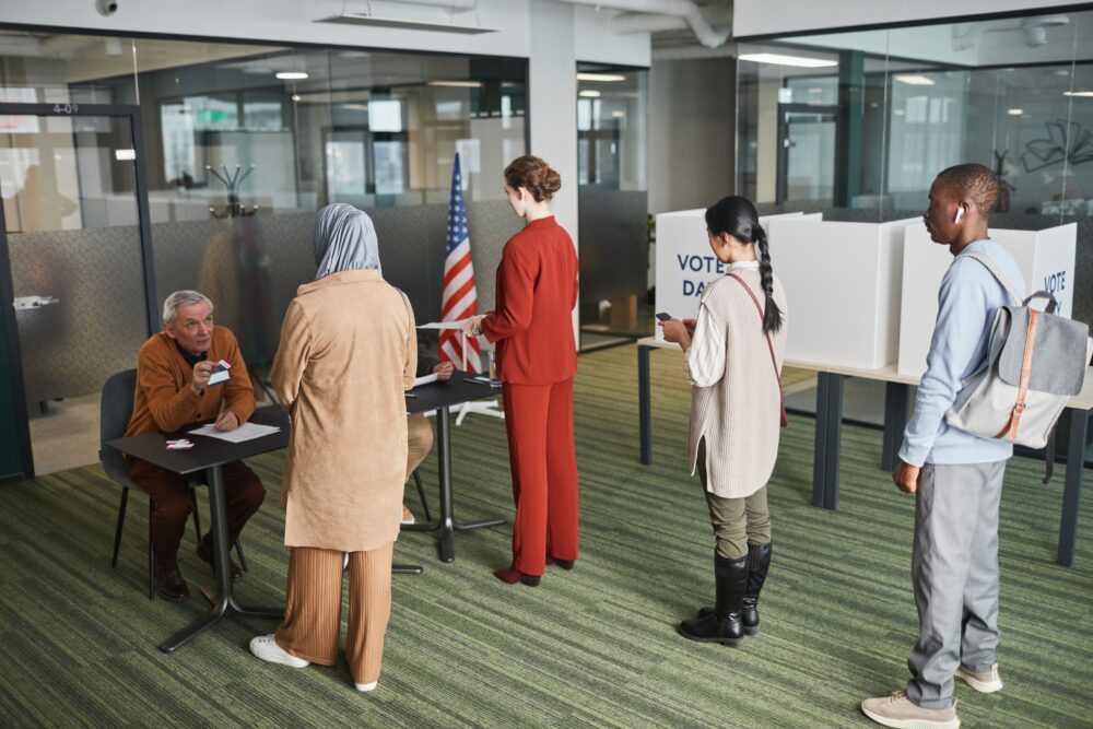 South Korean voters at a polling station, officials monitoring screens, election commission office, documentary...